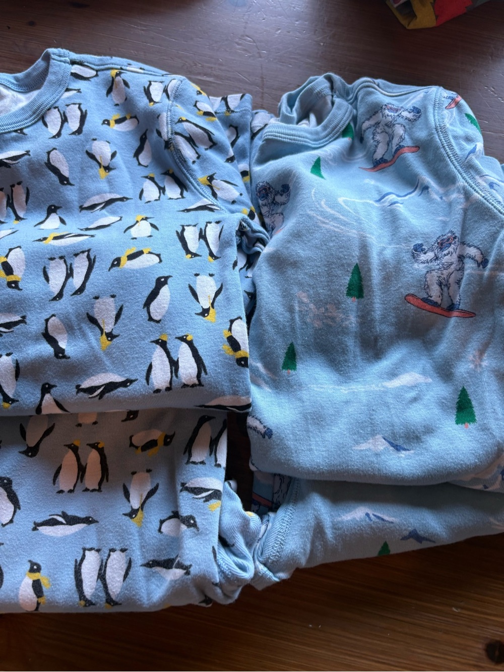 Crewcuts Light Blue Kids Pajama Set with Penguin & Snowboarding Yeti.
